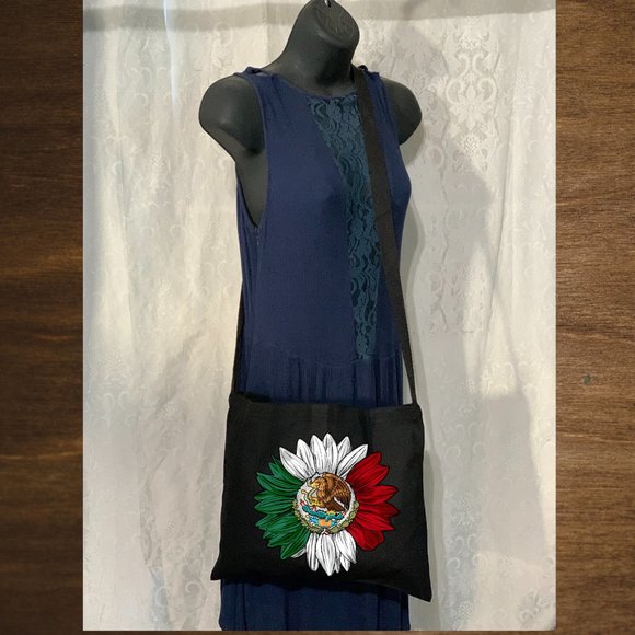 Mexico Flag Sunflower Cotton Canvas Crossbody Messenger Tote Bag with Long Strap - Picture 1 of 8